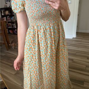 J. Crew Vibrant Orange and Green Midi Dress